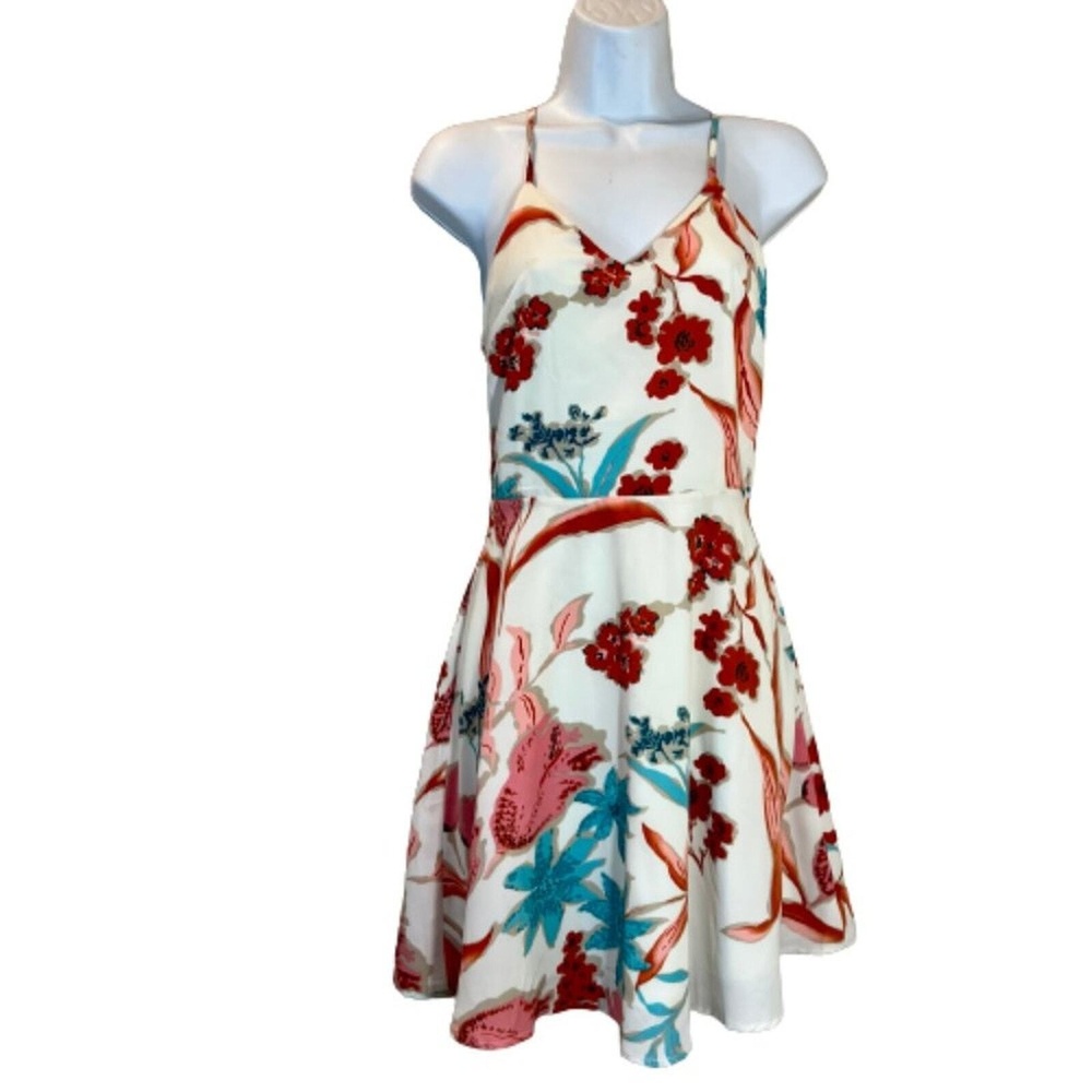 Floral Swing Dress Pink and Turquoise lined lightweight T-back Dress Size M‎